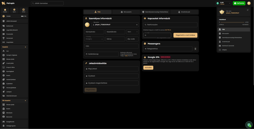 Fairspin kaszinó szeméyes adatok
